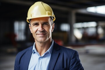 Smiling portrait of a middle aged Caucasian businessman on construction site