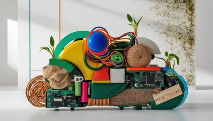 An eco-exhibition display showcasing an innovative arrangement of recycled materials, combining electronics, natural fibers, and colorful plastics