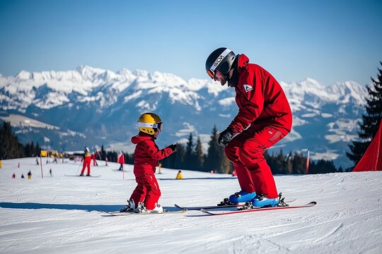 Moniteur de ski en tenue rouge donnant un cours &agrave; un jeune enfant
