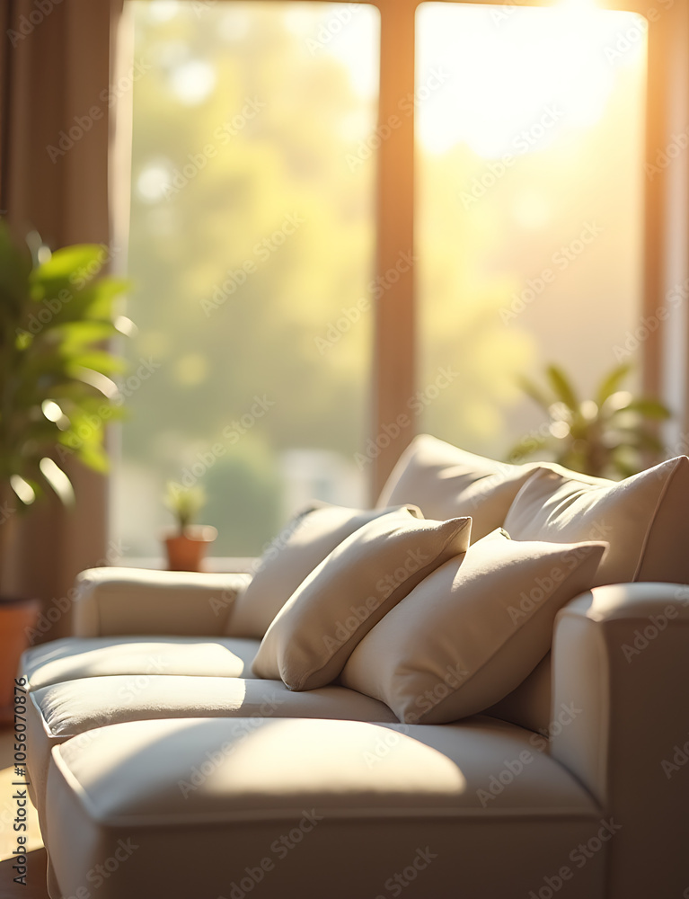 Poster soften sofa against bright sunlight filtering through large windows creating a blurred bokeh effect 