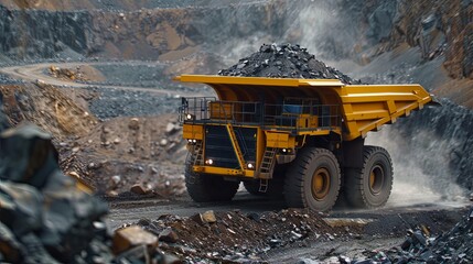 Transportation of coal in a huge dump truck. The concept of developing a deposit of something. Large scale mining operations. Illustration for varied design.