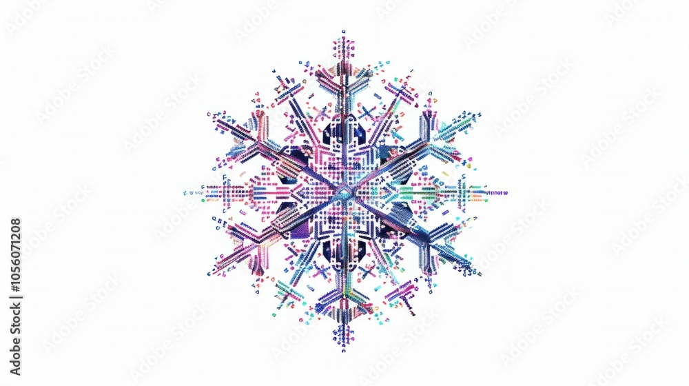 Poster colorful abstract snowflake design with intricate patterns and futuristic elements, set against a wh