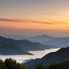 Fototapeta premium Landscape of green mountains with foggy valley mist between high peaks red to pink sky scenic sunset or sunrise