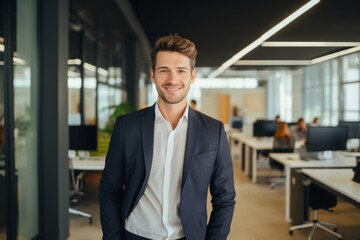 Fototapeta premium Smiling portrait of a young Caucasian businessman in modern office