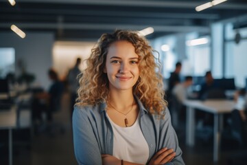 Smiling portrait of a young hipster woman in office