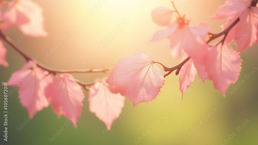 Aufkleber Soft pink leaves on a gentle spring morning backdrop create a serene atmosphere with subtle warmth and delicate hues of green and gold.