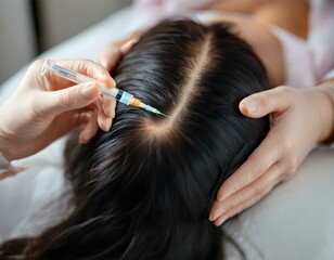 Fototapeta premium Close-Up of Scalp Injection for Hair Treatment Procedure: Professional Medical Aesthetic with Detailed Gloved Hands and Syringe
