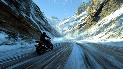 A motorcyclist rides on a snowy road, flanked by steep mountain cliffs, under a clear blue sky, showcasing an adventurous winter landscape.