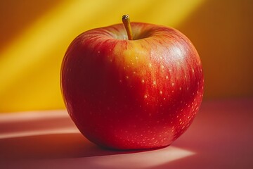 A ripe red apple illuminated by warm sunlight