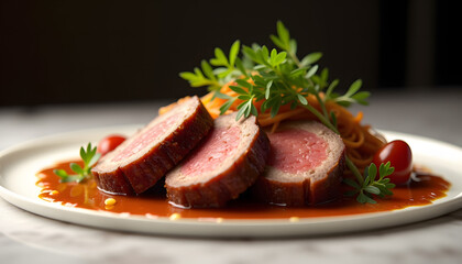 Sliced roast meat presented elegantly with pasta and garnished with fresh herbs on white plate

