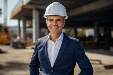Smiling portrait of a middle aged Caucasian businessman on construction site