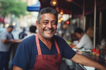 Fototapeta premium Smiling portrait of a middle aged Mexican man working a food truck