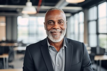 Fototapeta premium Smiling portrait of a senior African American businessman in modern office
