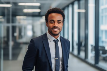 Naklejka premium Smiling portrait of a young African American businessman in office