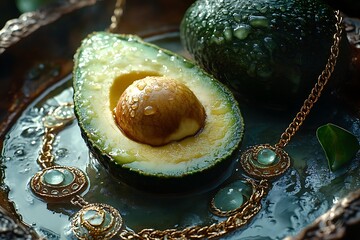 Ripe avocado halves with jewelry in a bowl of water