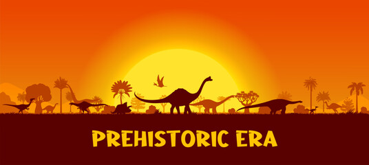 Dinosaur silhouettes on prehistoric sunset landscape of Jurassic era, vector background. Prehistoric dinosaur silhouettes, giant lizards and dino reptiles with pterodactyl in jungle forest with sunset © Vector Tradition