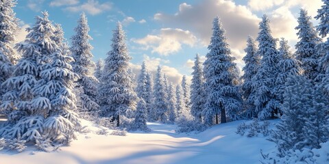 Obraz premium Dense pine forest with towering larches blanketed in fresh snow, showcasing winter's beauty after a spring snowstorm