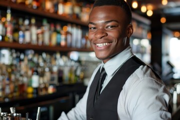 Naklejka premium Smiling portrait of a young African American male bartender