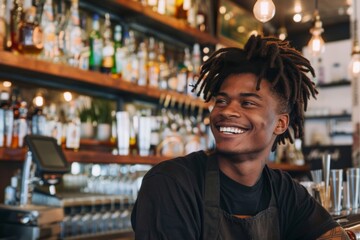Smiling portrait of a young African American male bartender