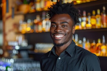 Naklejka premium Smiling portrait of a young African American male bartender