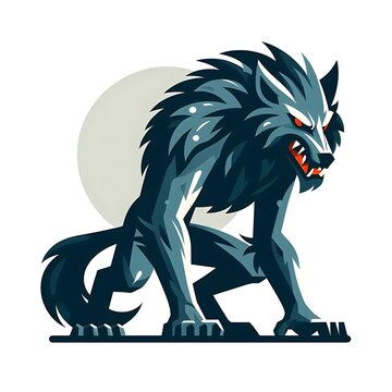 recommend clip art: Flat, isolated illustration of a werewolf with a muscular build, sharp claws, and pointed ears. The design has bold lines and a dark color palette, capturing a mysterious, mythical feel.