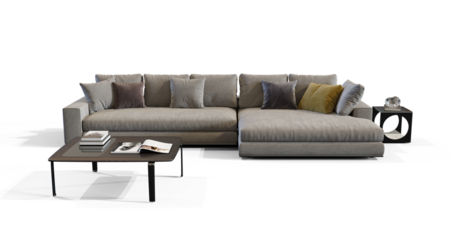 Soft Sofa with pillows and a coffee table 3d render isolated PNG on transparent background with shadow