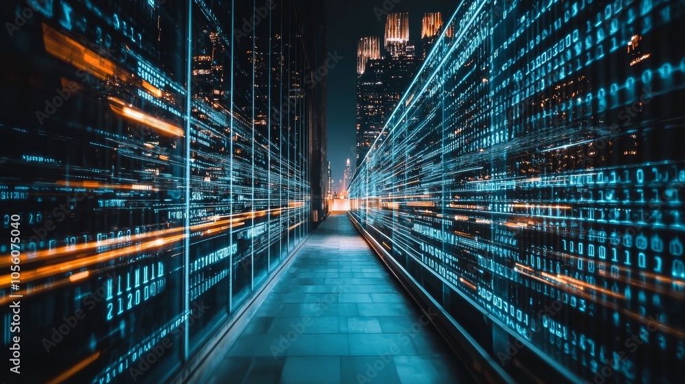 Aufkleber digital cityscape with fast-moving binary data streams