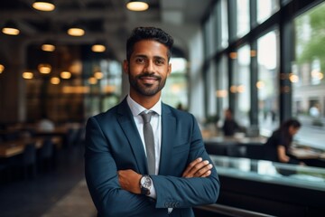 Fototapeta premium Smiling portrait of a young Indian businessman in a modern office