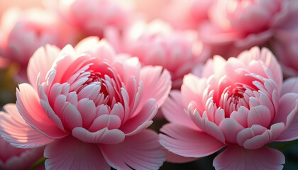 Beautiful pink flowers in full bloom with delicate petals illuminated by soft light