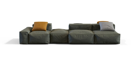 Soft modular Sofa with pillows 3d render isolated PNG on transparent background with shadow