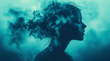 woman’s face obscured in a soft, white cloud, evoking themes of mental fog, introspection, and emotional depth. The image conveys a feeling of clouded thoughts, headache, and psychological introspecti