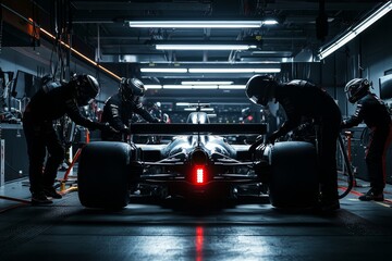 Obraz premium Manager supervising pit crew as they work on formula one race car in dimly lit garage
