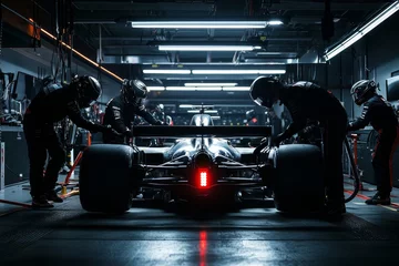 Naadloos Fotobehang Airtex Manager supervising pit crew as they work on formula one race car in dimly lit garage © Daria