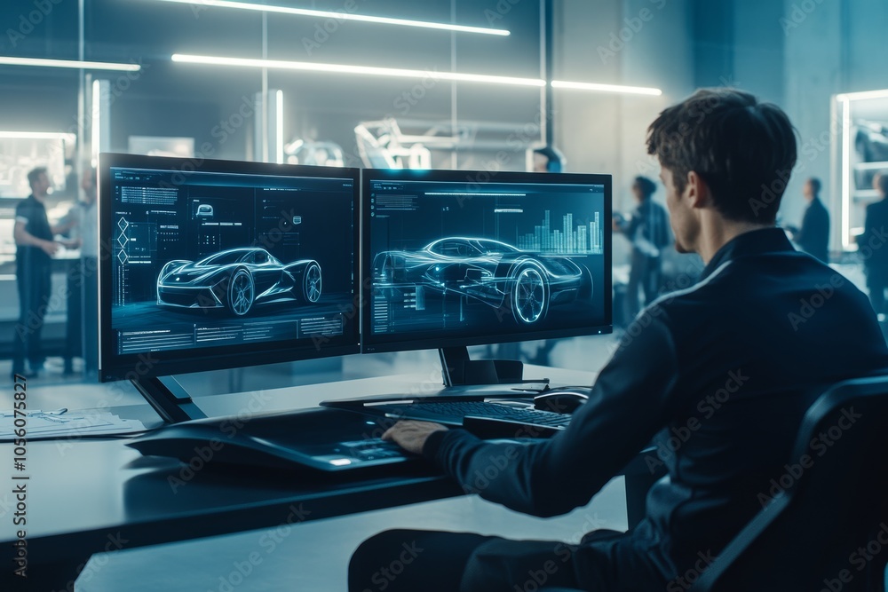 Aufkleber man designs electric vehicle using advanced software and motion capture in a high tech office