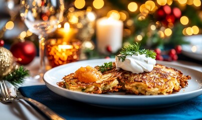 A festive plate of latkes topped with sour cream and applesauce.