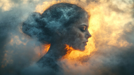 woman&rsquo;s face obscured in a soft, white cloud, evoking themes of mental fog, introspection, and emotional depth. The image conveys a feeling of clouded thoughts, headache, and psychological introspecti