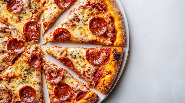 Close-up of american style pizza, paperoni topping, space for text.