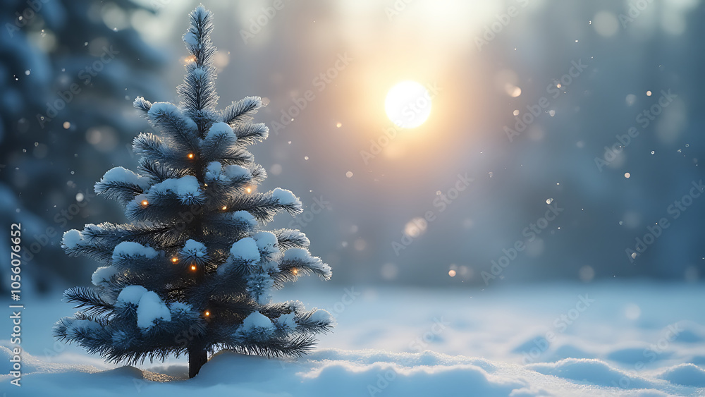 Aufkleber Snowy scene features a blurry Christmas tree against a soft, snowy backdrop with a bright, blurred light effect.