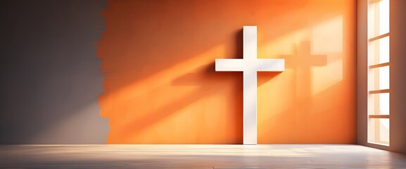 White cross in praying room with orange color wall