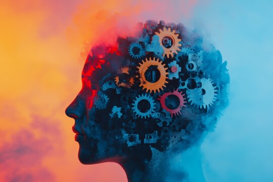 Abstract representation of a human head filled with gears symbolizing innovative business thinking