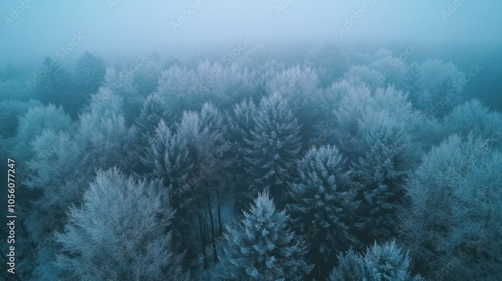 Poster an aerial view of a dense forest shrouded in fog, the trees are covered in frost creating a winter w