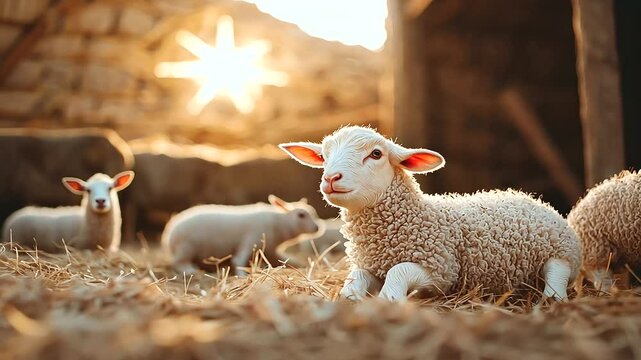 Shepherds with Lambs at Manger Under Golden Star