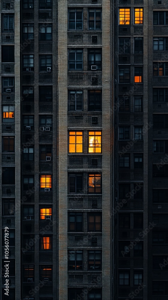 Poster A building with many windows and a few lights on