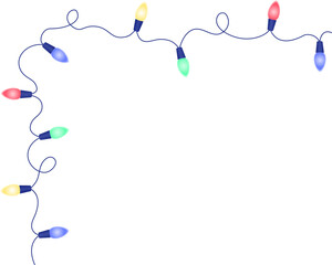 Glowing holiday garland with colorful multicolored bulbs. Festive, Christmas decoration. Vector divider frame for background , banner.