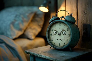 Naklejka premium 3D illustration of vintage sleepy alarm clock with sad face who wake up in the morning