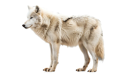 Fototapeta premium A Majestic Standing Arctic Wolf Isolated on a White Background, Showcasing Its Striking Features and Wild Beauty, Perfect for Representing Nature and Wildlife Conservation