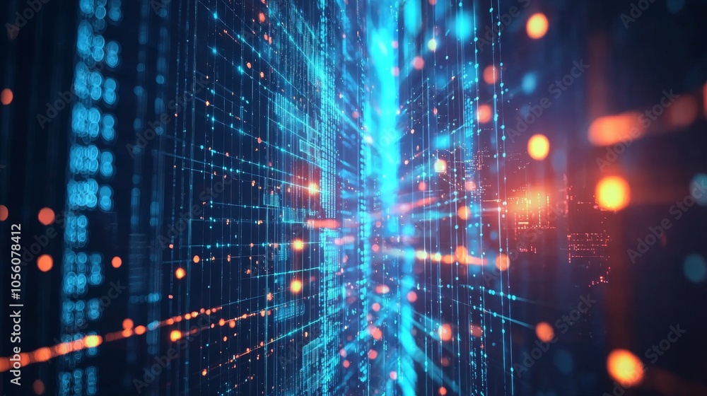 Poster futuristic digital data streams with glowing blue and orange patterns