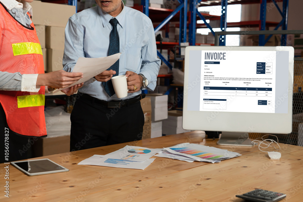 Poster invoice on computer screen from accounting application. computer program for financial and budget of