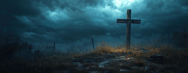 Naklejka premium Cross on hill, moody sky, dramatic lighting