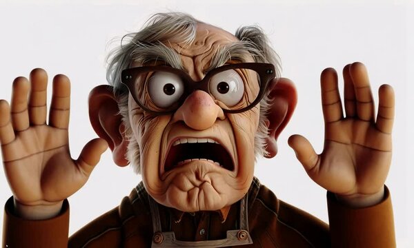 Old man with grey hair and glasses angrily screaming with hands raised funny 3d kids cartoon video.